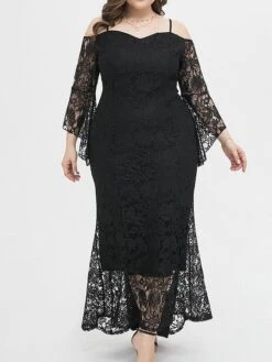 Women's Plus Size Prom Dress Party Dress Lace Dress Long Dress Maxi Dress Black Pink Wine Long Sleeve Pure Color Lace Spring Fall Winter Cold Shoulder Fashion Wedding Guest Birthday Evening Party 2023 -Cheap Plus Fit Dress Store yrszod1693535467046