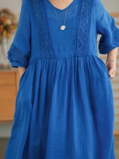 Women's Casual Dress Cotton Linen Dress Swing Dress Midi Dress Cotton Blend Basic Casual Outdoor Daily V Neck Ruched 3/4 Length Sleeve Summer Spring 2023 Loose Fit Black White Yellow Pure Color M L -Cheap Plus Fit Dress Store yrzank1677135420332