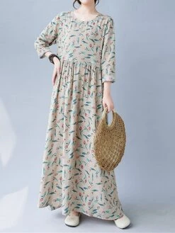 Women's Casual Dress Linen Dress Swing Dress Maxi Long Dress Linen Fashion Modern Outdoor Daily Holiday Crew Neck Print Long Sleeve Fall Winter Autumn 2023 Loose Fit Apricot Flower L XL 2XL -Cheap Plus Fit Dress Store ysicgj1693553154289