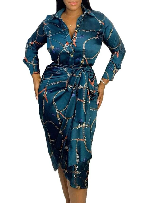 Women's Shirt Dress Sheath Dress Maxi Long Dress Winter Dress Daily Date Polyester Fashion Formal Shirt Collar Lace Up Button Long Sleeve Winter Fall Spring 2022 Slim Green Print S M L XL XXL 2 Women's Shirt Dress Sheath Dress Maxi Long Dress Winter Dress Daily Date Polyester Fashion Formal Shirt Collar Lace Up Button Long Sleeve Winter Fall Spring 2022 Slim Green Print S M L XL XXL - Image 2