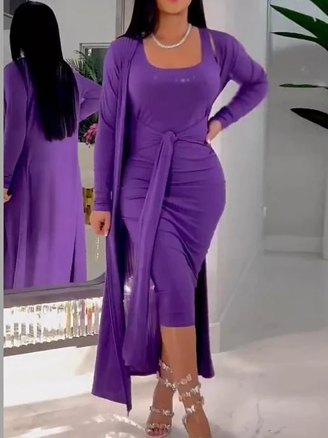 Women's Two Piece Dress Set Casual Dress Sheath Dress Outdoor Daily Fashion Streetwear Lace Up Ruched Midi Dress U Neck Long Sleeve Plain Slim Purple Gray Fall Winter S M L XL 1 Women's Two Piece Dress Set Casual Dress Sheath Dress Outdoor Daily Fashion Streetwear Lace Up Ruched Midi Dress U Neck Long Sleeve Plain Slim Purple Gray Fall Winter S M L XL