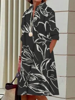 Women's Shirt Dress Casual Dress Midi Dress Outdoor Office Daily Polyester Fashion Modern Shirt Collar Button Pocket Long Sleeve Fall Winter 2023 Loose Fit Black Blue Brown Floral S M L XL 2XL