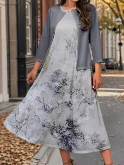 Women's Two Piece Dress Set Casual Dress Swing Dress Outdoor Office Fashion Streetwear Print Midi Dress Crew Neck 3/4 Length Sleeve Floral Ombre Regular Fit Pink Blue Purple Fall Winter S M L XL XXL -Cheap Plus Fit Dress Store yununx1697782930338