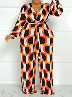 Women's Jumpsuit High Waist Print Geometric V Neck Casual Street Daily Regular Fit Long Sleeve Black Yellow Wine XL XXL 3XL Spring -Cheap Plus Fit Dress Store yuopyl1675747242724