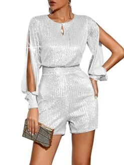 Women‘s Romper Split Sparkly Sequin Solid Color Crew Neck Streetwear Party Going Out Regular Fit Long Sleeve Black White Light Green S M L Fall 14 Women‘s Romper Split Sparkly Sequin Solid Color Crew Neck Streetwear Party Going Out Regular Fit Long Sleeve Black White Light Green S M L Fall -Cheap Plus Fit Dress Store yustmw1691747302241