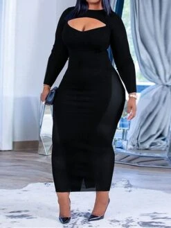 Women's Plus Size Curve Party Dress Bodycon Sheath Dress Plain Long Dress Maxi Dress Long Sleeve Mesh Cut Out Crew Neck Fashion Party Black Fall Winter L XL XXL 3XL 4XL