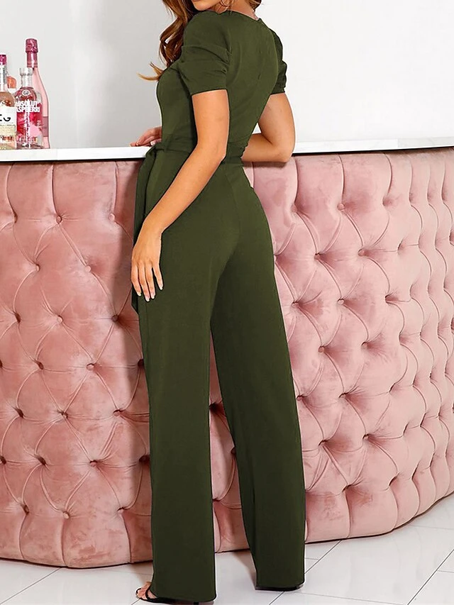 Women's Jumpsuit Lace Up Beaded Solid Color V Neck Elegant Office Christmas Xmas Regular Fit Short Sleeve Black Army Green Red S M L Fall 6 Women's Jumpsuit Lace Up Beaded Solid Color V Neck Elegant Office Christmas Xmas Regular Fit Short Sleeve Black Army Green Red S M L Fall - Image 6
