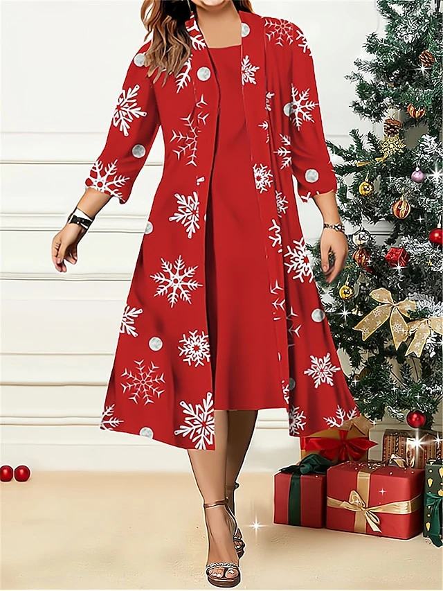 Women's Plus Size Two Piece Dress Set Casual Dress Swing Dress Outdoor Office Fashion Streetwear Print Midi Dress Crew Neck 3/4 Length Sleeve Geometric Deer Regular Fit White Wine Red Fall Winter L 1 Women's Plus Size Two Piece Dress Set Casual Dress Swing Dress Outdoor Office Fashion Streetwear Print Midi Dress Crew Neck 3/4 Length Sleeve Geometric Deer Regular Fit White Wine Red Fall Winter L