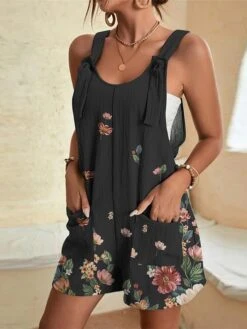 Womens Jumpsuits Casual Summer Overall Patch Pocket Print Floral Crew Neck Streetwear Daily Vacation Regular Fit Sleeveless Black White Yellow S M L -Cheap Plus Fit Dress Store yvdkns1684214508836