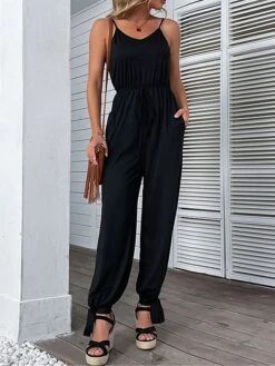 Women's Jumpsuit Backless Pocket Solid Color V Neck Streetwear Street Daily Regular Fit Sleeveless Black S M L Summer 20 Women's Jumpsuit Backless Pocket Solid Color V Neck Streetwear Street Daily Regular Fit Sleeveless Black S M L Summer -Cheap Plus Fit Dress Store yveoyd1686822904636