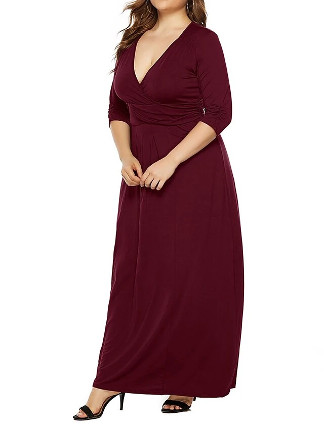 Women's Plus Size Curve Party Dress Swing Dress Formal Dress Plain Long Dress Maxi Dress 3/4 Length Sleeve Ruched Crew Neck Fashion Party Black Wine Fall Winter L XL XXL 3XL 7 Women's Plus Size Curve Party Dress Swing Dress Formal Dress Plain Long Dress Maxi Dress 3/4 Length Sleeve Ruched Crew Neck Fashion Party Black Wine Fall Winter L XL XXL 3XL - Image 7