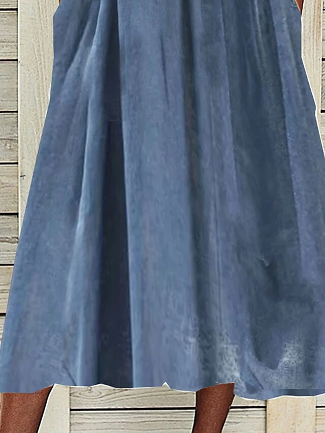 Women's Casual Dress Cotton Linen Dress Swing Dress Midi Dress Cotton Blend Fashion Basic Outdoor Daily Vacation Split Neck Button Pocket Short Sleeve Summer Spring 2023 Regular Fit Blue Plain S M L 2 Women's Casual Dress Cotton Linen Dress Swing Dress Midi Dress Cotton Blend Fashion Basic Outdoor Daily Vacation Split Neck Button Pocket Short Sleeve Summer Spring 2023 Regular Fit Blue Plain S M L - Image 2