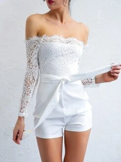 White Jumpsuit For Women Sexy Romper Lace Backless Solid Color Off Shoulder Elegant Party Street Regular Fit Long Sleeve S M L Summer -Cheap Plus Fit Dress Store ywfvns1677811859771
