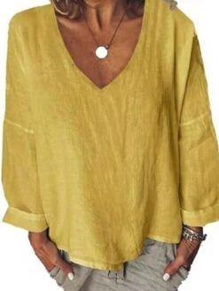 Women's Blouse Cotton Black White Yellow Plain 3/4 Length Sleeve Daily Sports Vacation Streetwear Festival V Neck Regular Fit Spring Fall -Cheap Plus Fit Dress Store ywjtkd1651831822444