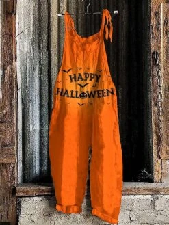 Women's Jumpsuit Halloween Pumpkin Bat Print Floral Crew Neck Holiday Party Going Out Straight Loose Fit Strap Black White Yellow S M L All Seasons