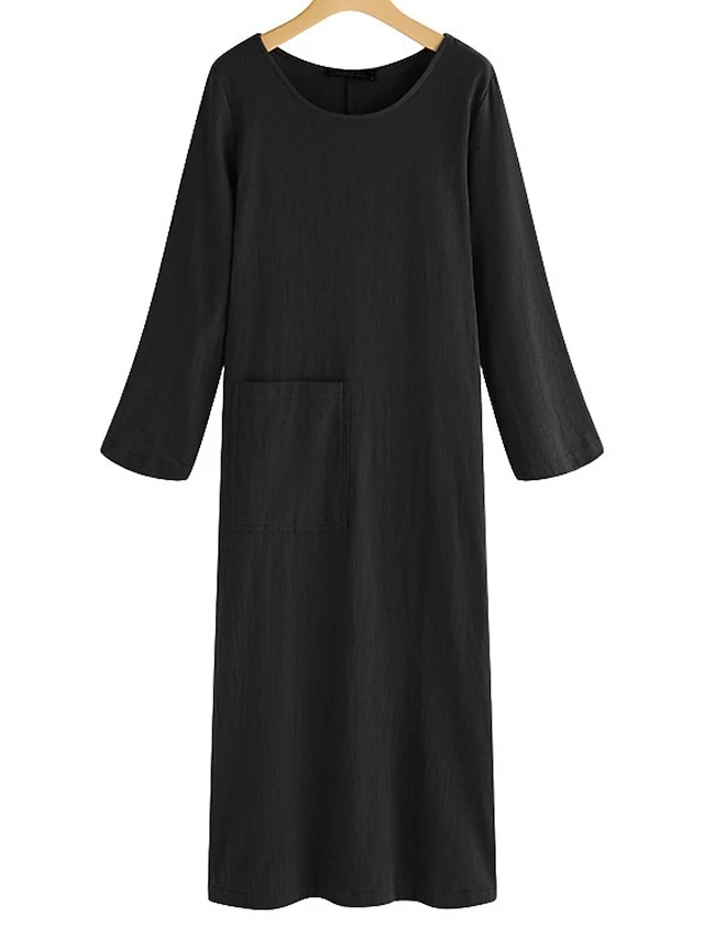 Women's Casual Dress Cotton Linen Dress Midi Dress Cotton Blend Basic Casual Outdoor Daily Vacation Crew Neck Pocket Long Sleeve Summer Spring Fall 2023 Loose Fit Black Wine Navy Blue Plain S M L XL 8 Women's Casual Dress Cotton Linen Dress Midi Dress Cotton Blend Basic Casual Outdoor Daily Vacation Crew Neck Pocket Long Sleeve Summer Spring Fall 2023 Loose Fit Black Wine Navy Blue Plain S M L XL - Image 8