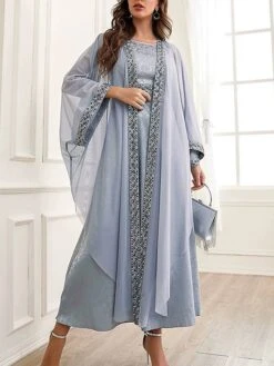 Women's Two Piece Dress Set Party Dress Sheath Dress Party Wedding Guest Fashion Party Embroidered Long Dress Maxi Dress Crew Neck Long Sleeve Print Regular Fit Gray Fall Winter S M L XL -Cheap Plus Fit Dress Store yxasuz1695105969729