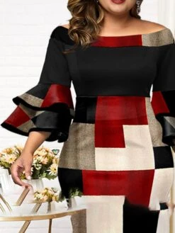 Women‘s Plus Size Curve Party Dress Plaid Off Shoulder Print 3/4 Length Sleeve Spring Fall Elegant Mature Midi Dress Formal Work Dress -Cheap Plus Fit Dress Store yxbmre1649309836059