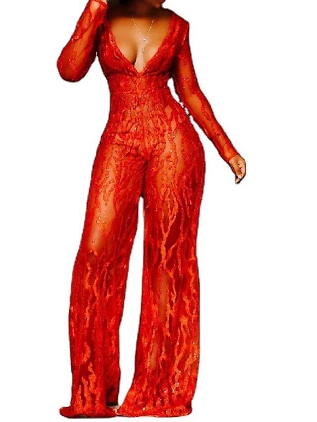 Women‘s Jumpsuit Sparkly Lace Sequin Solid Color Deep V Ordinary Wedding Party Weekend Wide Leg Bodycon Long Sleeve Illusion Sleeve Red 3XL All Seasons 4 Women‘s Jumpsuit Sparkly Lace Sequin Solid Color Deep V Ordinary Wedding Party Weekend Wide Leg Bodycon Long Sleeve Illusion Sleeve Red 3XL All Seasons - Image 4
