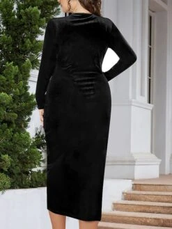 Women's Plus Size Party Dress Velvet Dress Cocktail Dress Midi Dress Black Wine Dark Green Long Sleeve Pure Color Ruched Spring Fall Winter V Neck Fashion Winter Dress Wedding Guest Birthday 2023 XL -Cheap Plus Fit Dress Store yxemdd1692000446234