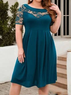 Women's Plus Size Curve Party Dress Lace Dress Semi Formal Dress Solid Color Midi Dress Short Sleeve Lace Crew Neck Fashion Party ArmyGreen Black Fall Winter XL XXL 3XL 4XL -Cheap Plus Fit Dress Store yxgqvv1695813619223