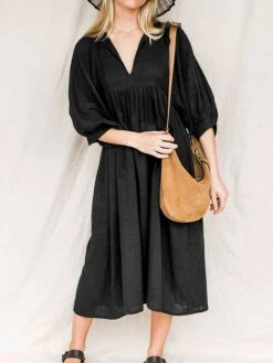 Women's Shirt Dress Casual Dress Midi Dress Outdoor Daily Date Cotton Basic Classic V Neck Ruched Long Sleeve Fall Winter 2023 Loose Fit Black Green Apricot Pure Color S M L XL -Cheap Plus Fit Dress Store yyubmy1695096314203