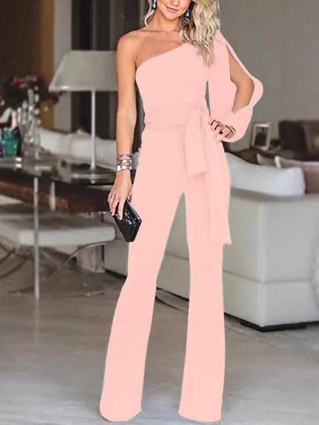 Women‘s Elegant Party Wedding One ShoulderWhite Black Pink Jumpsuit Solid Color Drawstring High Waist 2 Women‘s Elegant Party Wedding One ShoulderWhite Black Pink Jumpsuit Solid Color Drawstring High Waist - Image 2