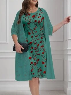 Women's Plus Size Curve Casual Dress Dress Set Two Piece Dress Floral Midi Dress 3/4 Length Sleeve Print Crew Neck Fashion Outdoor Green Fall Winter L XL 2XL 3XL 4XL