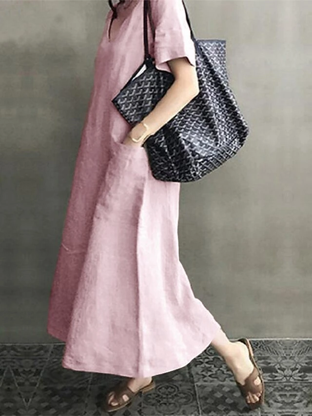 Women's Linen Dress Shift Dress Midi Dress Black Pink Apricot Short Sleeve Pure Color Pocket Summer Spring Fall Crew Neck Basic Loose Fit 2023 M L XL 2XL 3XL 4XL 5XL 4 Women's Linen Dress Shift Dress Midi Dress Black Pink Apricot Short Sleeve Pure Color Pocket Summer Spring Fall Crew Neck Basic Loose Fit 2023 M L XL 2XL 3XL 4XL 5XL - Image 4