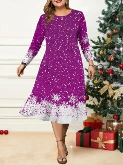 Women's Christmas Plus Size Curve Casual Dress Skater Dress A Line Dress Christmas Tree Snowflake Midi Dress Long Sleeve Print Crew Neck Fashion Outdoor Black Wine Fall Winter L XL XXL 3XL 4XL -Cheap Plus Fit Dress Store yyvotl1695350911834