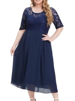 Women's Plus Size Party Dress Lace Dress Cocktail Dress Midi Dress Dark Blue Half Sleeve Pure Color Lace Fall Winter Autumn Crew Neck Fashion Winter Dress Wedding Guest Vacation 2023 XL XXL 3XL 4XL -Cheap Plus Fit Dress Store yywfck1693296919390