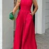 Women's Jumpsuit Ruffle Pocket Solid Color One Shoulder Streetwear Xmas Wedding Party Christmas Regular Fit Sleeveless Red S M L Summer