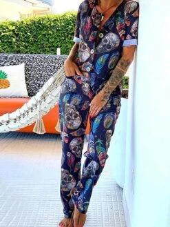 Women's Jumpsuit Halloween Skeleton Button Pocket Print V Neck Streetwear Street Daily Regular Fit Short Sleeve Black White Blue S M L Summer -Cheap Plus Fit Dress Store yyxkxg1681730638322