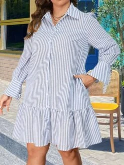 Women's Plus Size Curve Shirt Dress Casual Dress Stripe Midi Dress Long Sleeve Ruffle Button Shirt Collar Fashion Outdoor Light Blue Fall Winter XL XXL 3XL 4XL -Cheap Plus Fit Dress Store yzksvs1693533687839