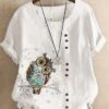 Women's Shirt Blouse White Animal Button Print Short Sleeve Casual Basic Round Neck Regular Fit