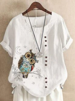 Women's Shirt Blouse White Animal Button Print Short Sleeve Casual Basic Round Neck Regular Fit