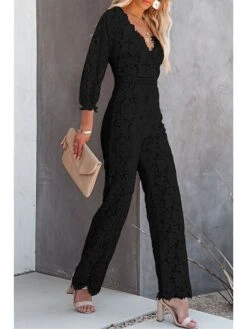 Women's Jumpsuit Lace Tassel Solid Color V Neck Elegant Wedding Work Bootcut Regular Fit Short Sleeve Poet Sleeve Black White Wine S M L Fall 13 Women's Jumpsuit Lace Tassel Solid Color V Neck Elegant Wedding Work Bootcut Regular Fit Short Sleeve Poet Sleeve Black White Wine S M L Fall -Cheap Plus Fit Dress Store yzwbhw1663311370097