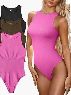 Women's Bodysuit High Waist Solid Color Crew Neck Streetwear Street Daily Regular Fit Sleeveless Black White Pink S M L Summer