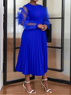 Women's Plus Size Curve Party Dress Formal Dress A Line Dress Plain Midi Dress Long Sleeve Pleated Ruffle Crew Neck Fashion Party Blue Fall Winter XL XXL 3XL 4XL -Cheap Plus Fit Dress Store zamjbb1694425978448