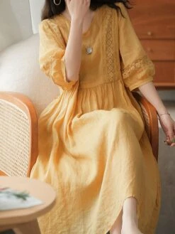 Women's Casual Dress Cotton Linen Dress Swing Dress Midi Dress Cotton Blend Basic Casual Outdoor Daily V Neck Ruched 3/4 Length Sleeve Summer Spring 2023 Loose Fit Black White Yellow Pure Color M L -Cheap Plus Fit Dress Store zaoxiz1677135416949