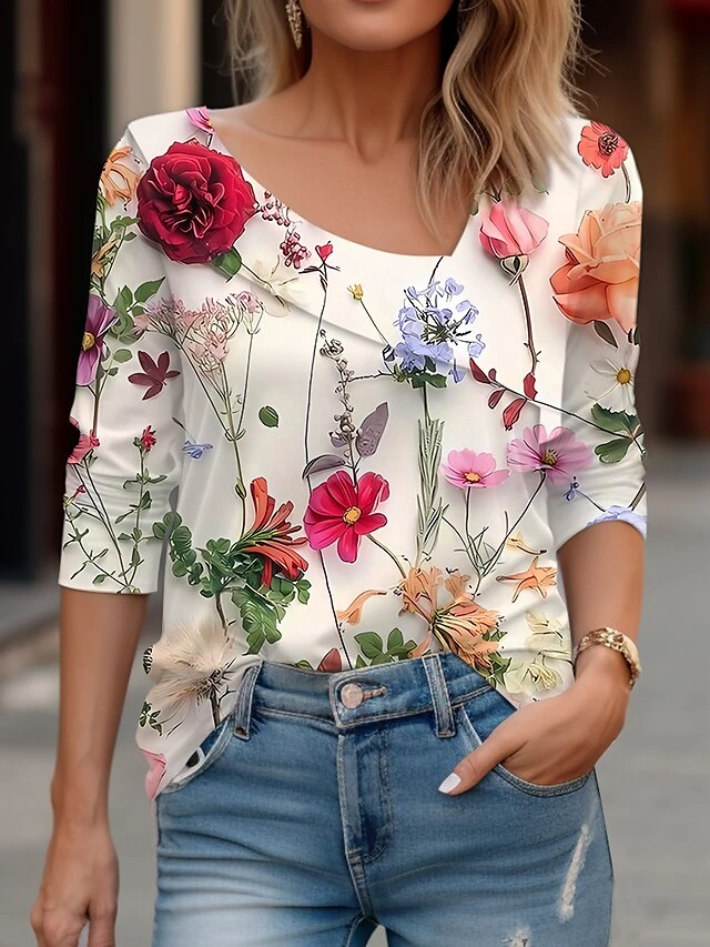 Women's T Shirt Tee White Light Green Pink Floral Print Long Sleeve Holiday Weekend Fashion Daily Basic V Neck Regular Fit Floral Painting Fall & Winter 2 Women's T Shirt Tee White Light Green Pink Floral Print Long Sleeve Holiday Weekend Fashion Daily Basic V Neck Regular Fit Floral Painting Fall & Winter - Image 2