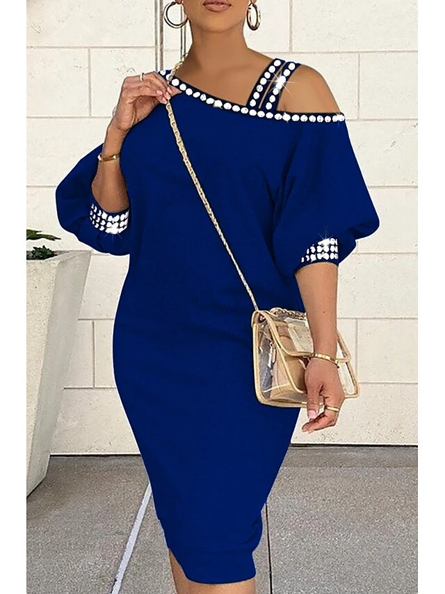 Women‘s Plus Size Curve Work Dress Pure Color Spaghetti Straps 3/4 Length Sleeve Spring Fall Stylish Elegant Midi Dress Formal Work Dress 3 Women‘s Plus Size Curve Work Dress Pure Color Spaghetti Straps 3/4 Length Sleeve Spring Fall Stylish Elegant Midi Dress Formal Work Dress - Image 3