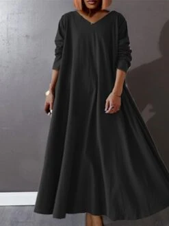Women‘s Plus Size Curve Casual Dress Pure Color V Neck Long Sleeve Winter Fall Basic Casual Maxi Long Dress Daily Vacation Dress -Cheap Plus Fit Dress Store zbfvyh1668155113367
