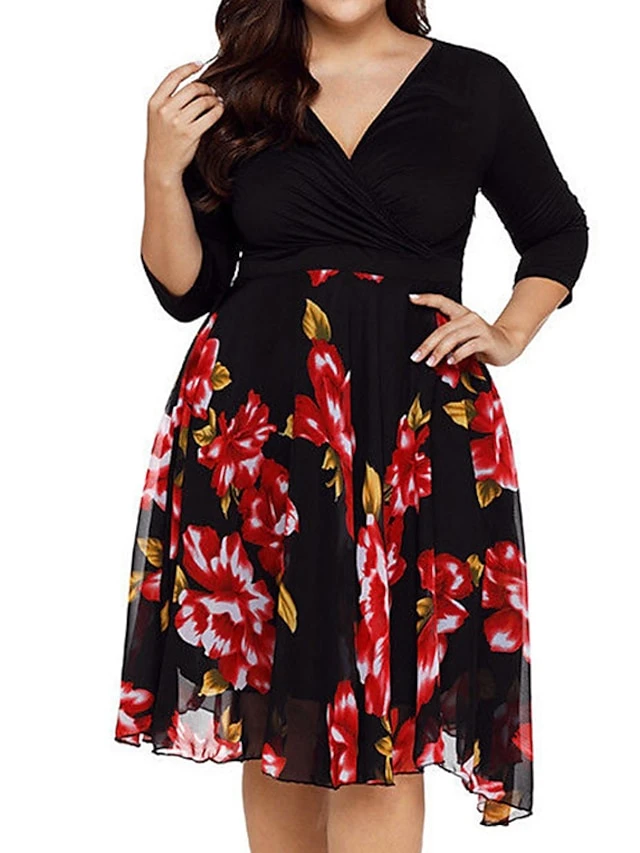 Women‘s Plus Size Curve Holiday Dress Floral V Neck Print Half Sleeve Fall Winter Casual Midi Dress Daily Dress 2 Women‘s Plus Size Curve Holiday Dress Floral V Neck Print Half Sleeve Fall Winter Casual Midi Dress Daily Dress - Image 2