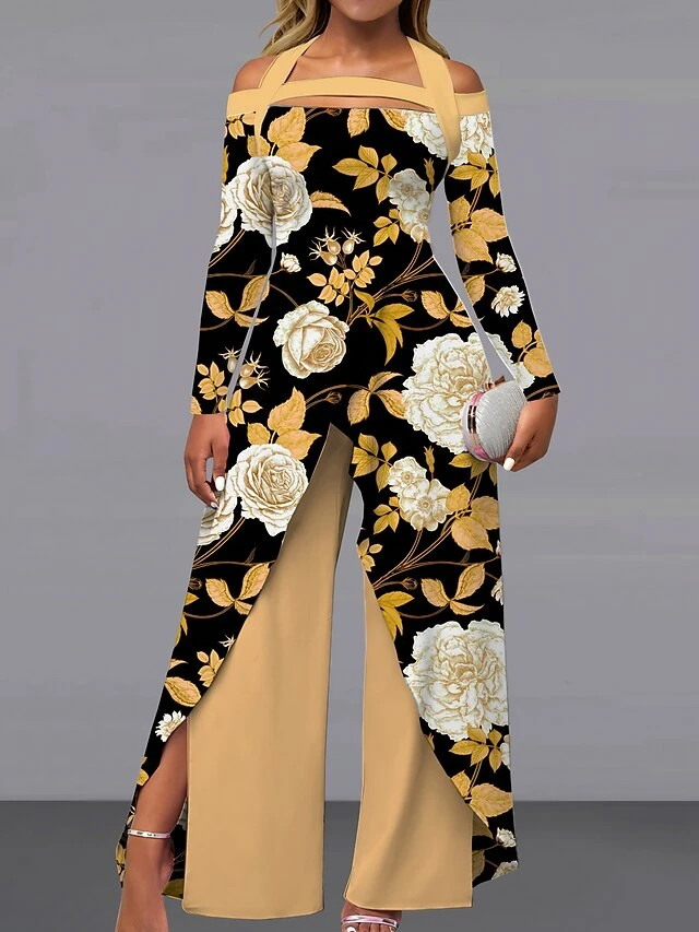 Women's Jumpsuit Print Floral Off Shoulder Elegant Wedding Party Wide Leg Regular Fit Long Sleeve Black Yellow Khaki S M L All Seasons 1 Women's Jumpsuit Print Floral Off Shoulder Elegant Wedding Party Wide Leg Regular Fit Long Sleeve Black Yellow Khaki S M L All Seasons