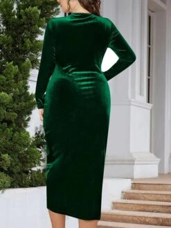 Women's Plus Size Party Dress Velvet Dress Cocktail Dress Midi Dress Black Wine Dark Green Long Sleeve Pure Color Ruched Spring Fall Winter V Neck Fashion Winter Dress Wedding Guest Birthday 2023 XL -Cheap Plus Fit Dress Store zcdxjm1692000441814