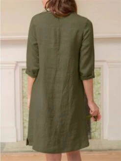 Women's Casual Dress Cotton Linen Dress A Line Dress Midi Dress Cotton Blend Basic Casual Outdoor Daily V Neck Pocket 3/4 Length Sleeve Summer Spring Fall 2023 Loose Fit ArmyGreen Navy Blue Orange -Cheap Plus Fit Dress Store zcnvwe1675929174352
