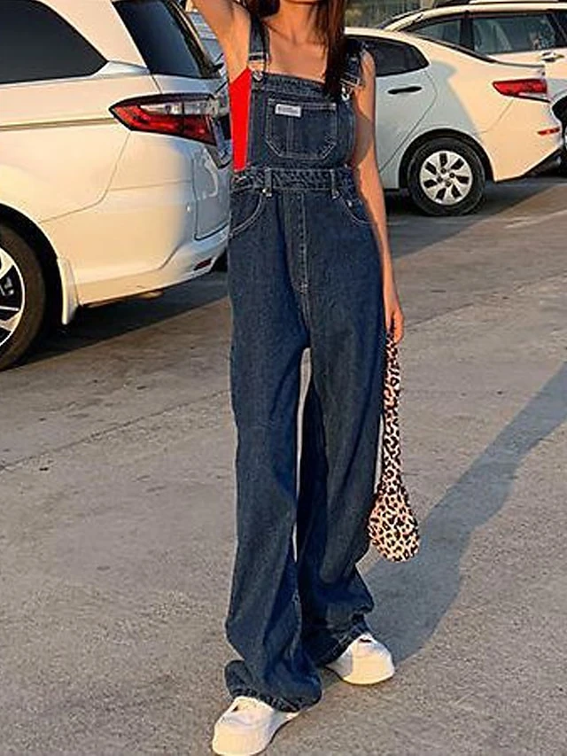 Women‘s Jumpsuit Pocket Solid Color Denim Square Neck Active Street Daily Loose Fit Sleeveless Blue S M L Fall 1 Women‘s Jumpsuit Pocket Solid Color Denim Square Neck Active Street Daily Loose Fit Sleeveless Blue S M L Fall