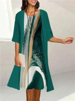 Women's Two Piece Dress Set Casual Dress Print Dress Outdoor Daily Fashion Elegant Print Midi Dress Crew Neck 3/4 Length Sleeve Ombre Marble Print Loose Fit Black Light Green Pink Summer Spring S M L