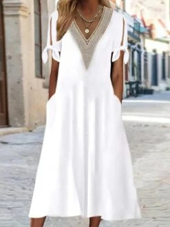 Women's Casual Dress Cotton Linen Dress A Line Dress Midi Dress Cotton Blend Fashion Basic Outdoor Daily Vacation V Neck Patchwork Hollow Out Half Sleeve Summer Spring 2023 Regular Fit White Blue